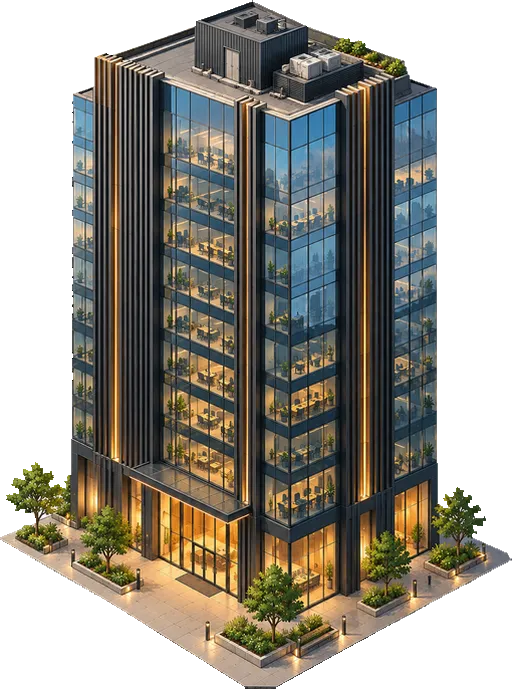A glass office tower.