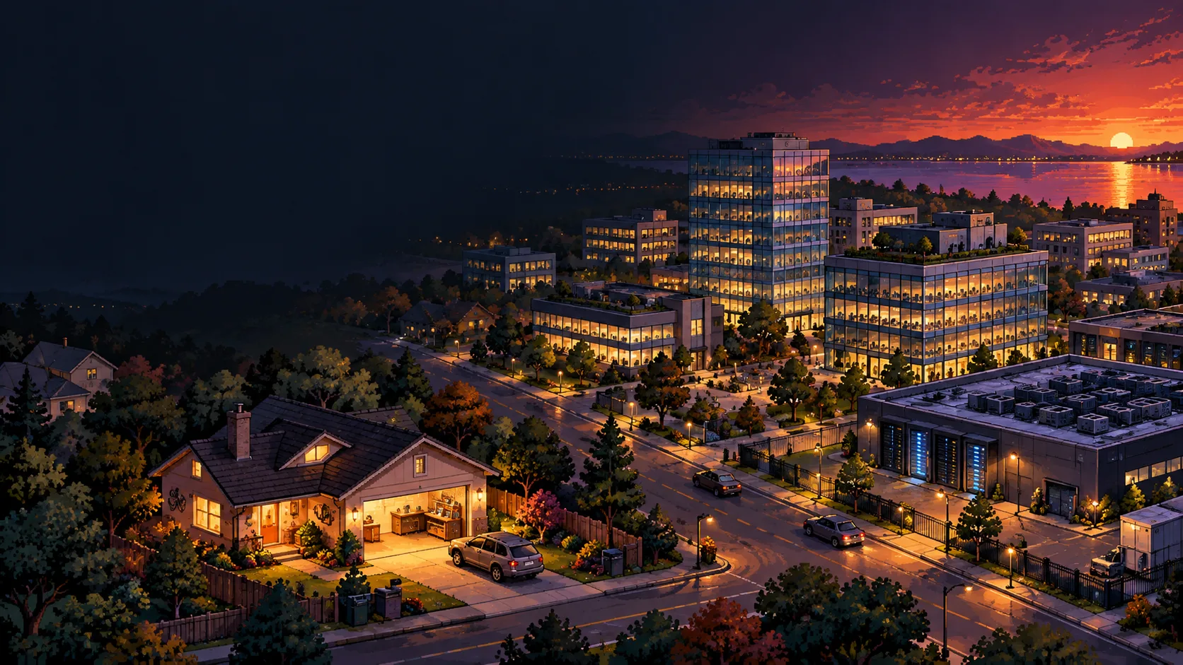 A city at dusk: a small house with a lit garage in the foreground, glass office buildings behind it and the sun setting over a bay.
